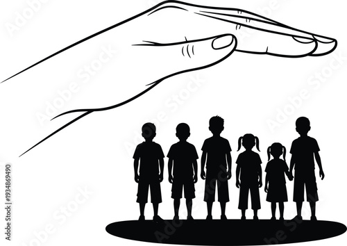Protective hand sheltering children silhouettes, child safety and family care concept, social protection, guardianship, love, security symbol isolated on white background illustration design