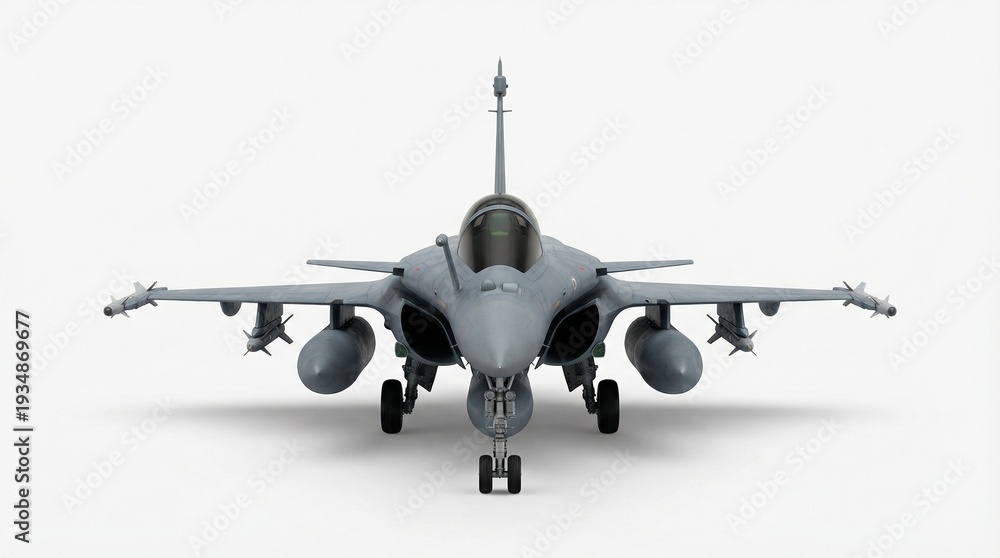 Fototapeta premium Fighter jet standing ready on the tarmac, viewed from directly ahead on a white runway