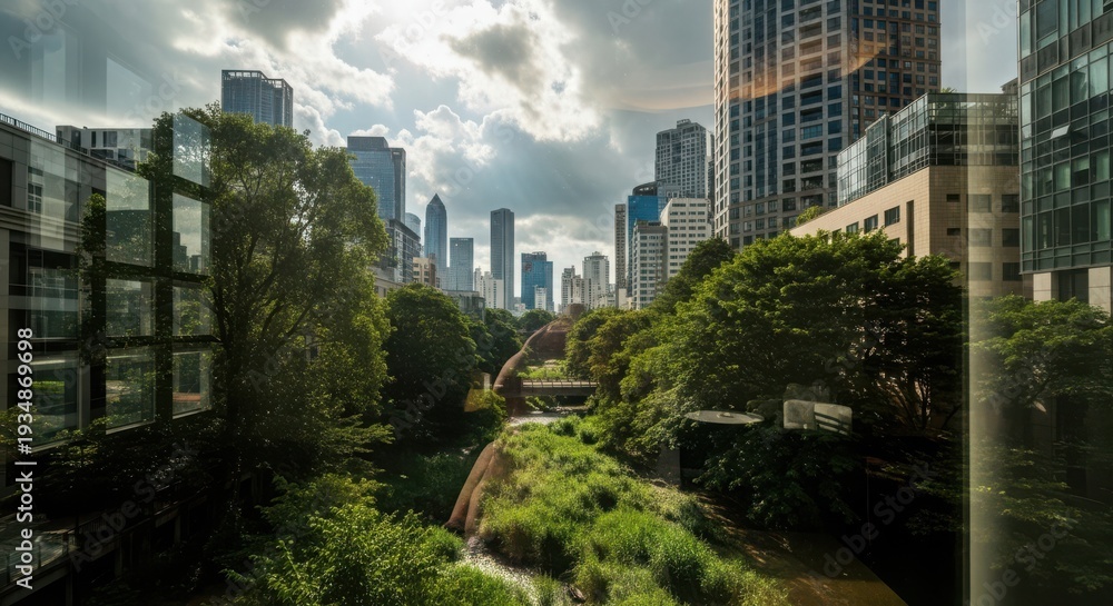 Fototapeta premium A green roof garden in the middle of a bustling city