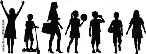 Family silhouettes walking together showing mother and children with scooter, ball, shopping bag and casual poses, everyday lifestyle activities concept isolated on white background