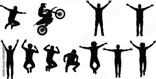 Active men jumping silhouettes set showing extreme sports, motorcycle stunt, celebration poses and dynamic body movements, energetic lifestyle concept illustration isolated on white background