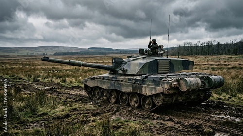 Challenger 2 Main Battle Tank in Muddy Terrain During Military Exercise and War Simulation