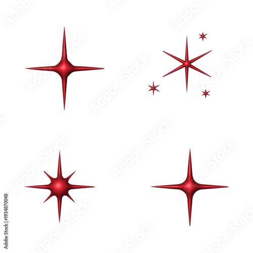 Collection of shiny red starburst sparkles and star icons for festive designs and celebratory themes, perfect for adding flair to decorations and visual projects