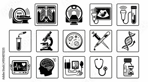 "Grid of diagnostic and laboratory medical icons"