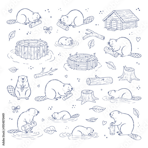 beavers doodle set vector icon
Vector doodle set on a white background