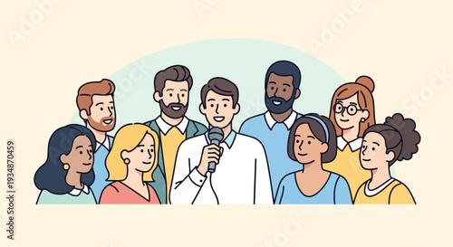 Group of Diverse People Listening Attentively to a Speaker Holding a Microphone