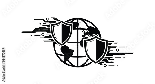 Global cybersecurity protection concept with shields over world globe, modern security and technology symbol for business and internet safety