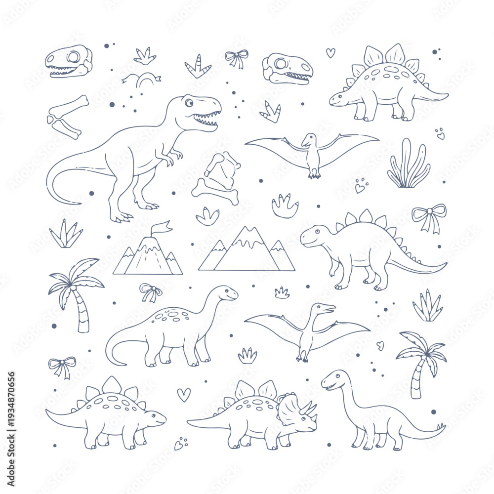 Fototapeta premium dinosaurs doodle set vector icon Vector doodle set on a white background
