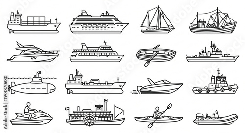 Ships and Watercraft Collection Line Art Vector Icons Set
