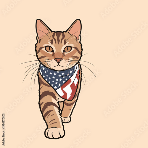 A cat is walking toward the viewer while wearing a bandana that has an American flag design.