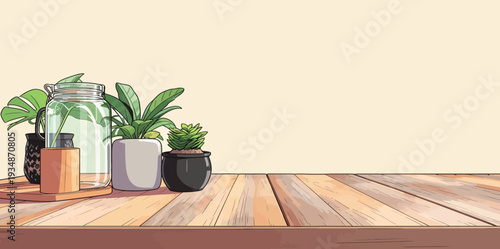 Green plants are arranged on a wooden table with a plain background. Light shines through the space, enhancing the natural colors.