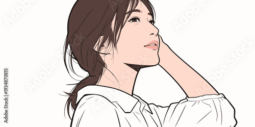 A woman stands with her hand touching her hair. She looks to the side with a gentle expression and simple lines defining her features.