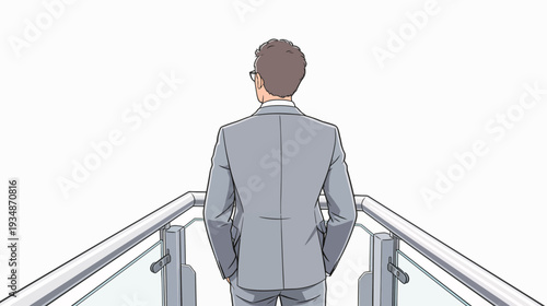 A man in a suit stands alone on a balcony with his hands behind his back, looking out into a bright space.