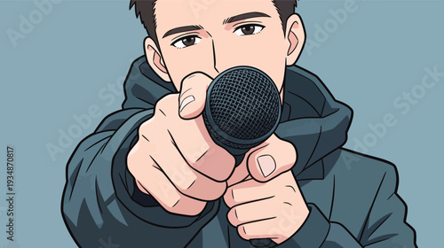 A person stands in a studio holding a microphone and pointing it outward. The focus is on engaging the audience during a performance.