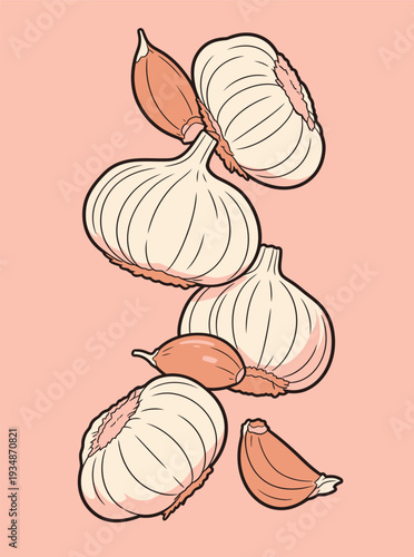 Fresh garlic bulbs and shallots are arranged together on a pink background. They show their shapes and colors clearly.
