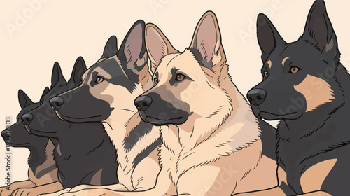 Dogs of various breeds are arranged in a line. Each dog displays a distinct color pattern and shape. The scene shows their attentive faces.