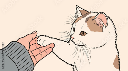 A cat extends its paw to connect with a person's hand during a quiet time together. The soft fur and gentle gesture show trust.