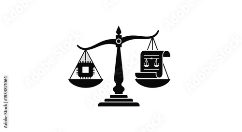 Justice balance scale with smartphone and book on either side, symbolizing law technology versus knowledge and education, in simple black icon style