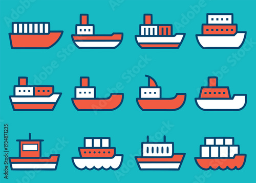Twelve distinct freighter and cargo ship icons arranged in rows on a teal background featuring red and white color blocking and navy outlines.