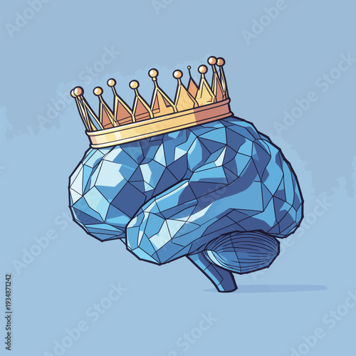 A blue brain sculpture with a golden crown sits on a plain background. The design highlights the connection between thought and authority.
