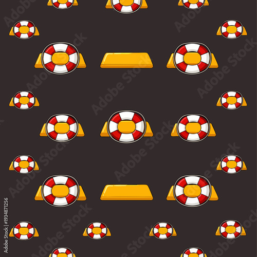 Seamless pattern of golden ingots and lifebuoys, representing financial security, investment protection, wealth management, and economic stability. Safety concept.