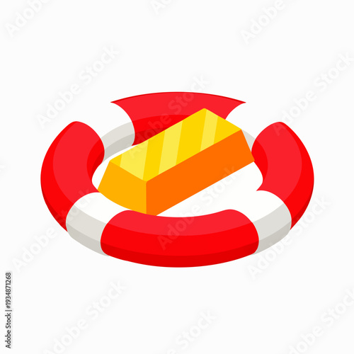 Gold bar in a lifebuoy, illustrating financial security, investment protection, wealth preservation, and a safe haven asset during economic crises.