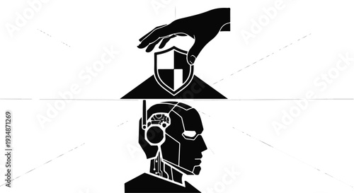 Protecting cybersecurity concept with hand holding shield over robotic head with virtual reality headset in modern futuristic illustration