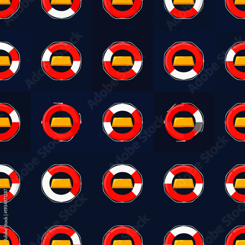 Seamless pattern of red and white lifebuoys holding gold bars, representing financial safety, secure investment, wealth protection, and economic stability.