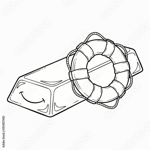 Lifebuoy on a gold bar, symbol of financial rescue, investment protection, and safety in the economy