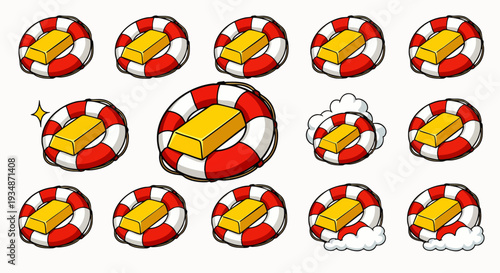 Collection of Lifebuoys Protecting Gold Bars, Symbolizing Financial Security and Wealth Protection