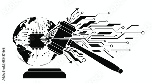 Digital Law and AI Regulation Concept: Judge Gavel Striking Globe with Microchip