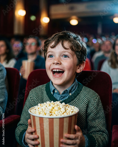 Young Boy Laughing with Popcorn in a Movie Theater