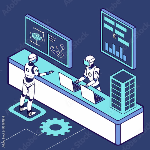 Robots working together on futuristic computers in modern lab setting
