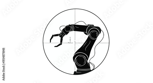 Robotic arm mechanical industrial robot in circular frame with crosshairs, automation technology concept
