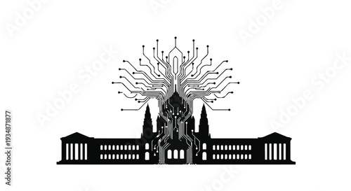 Futuristic cityscape with neural network tree illustration, modern urban landscape with innovative technology and architecture, smart city concept