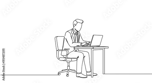 Clean line vector of a businessman working on a laptop while sitting at a desk in a modern office on a transparent background