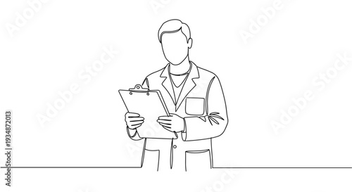 Clean line vector of doctor holding clipboard in practice on a transparent background with minimalistic design and linear style showing healthcare and medical profession concepts
