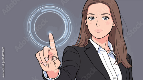 A woman in a suit uses her finger to touch a digital screen in an office. She looks focused and engaged in her work.