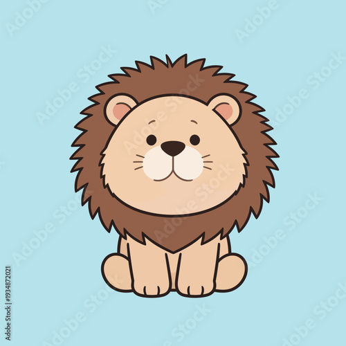 A cartoon lion sits calmly with a smile on a light blue background. The lion has a round face and fluffy mane.