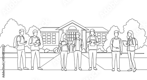 Clean line vector of six diverse students standing together outdoors near a school building on a transparent background
