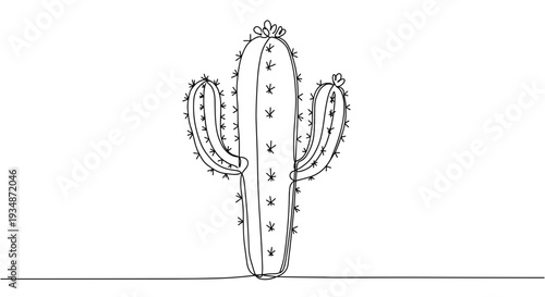Clean line vector of a saguaro cactus isolated on white background with two arms standing tall in sunlight captured in simple black outline artistic style