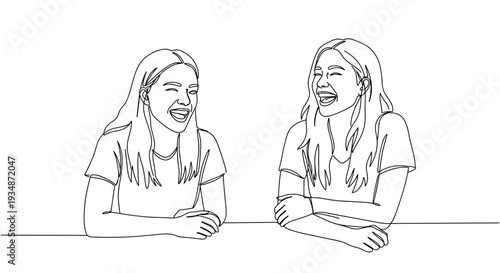 Clean line vector of two women talking at a table on a transparent background with simple facial expressions and casual clothing in a friendly setting.