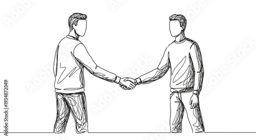 Clean line vector of two men shaking hands in a formal agreement setting on a transparent background with a minimalist design and clear, simple lines, signifying partnership and trust