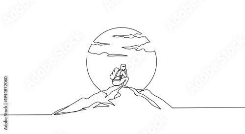 Clean line vector of a person sitting on mountain peak under full moon with clouds, isolated on white background