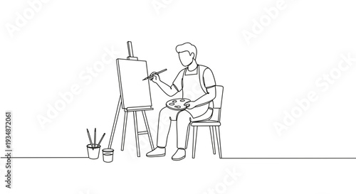 Clean line vector of a person painting on an easel while sitting in a chair with artist supplies on a transparent background