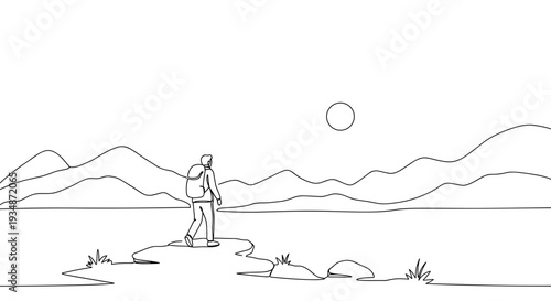 Clean line vector of a couple hiking together on mountains during sunset with a scenic view and rocks on a transparent background