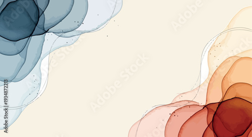 Abstract watercolor art background featuring organic shapes in earthy blue and warm orange tones, with delicate golden accents on a soft beige canvas