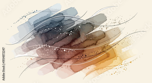 Abstract watercolor art background with soft earthy tones, delicate brush strokes, and subtle golden line accents. Fluid texture for elegant modern design projects