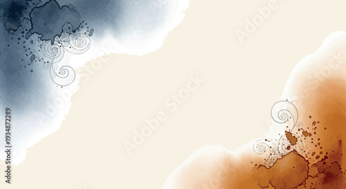 Abstract watercolor background with blue and orange paint textures. Modern artistic design featuring subtle swirl lines on neutral canvas, ideal for contemporary prints, wall art, and invitations