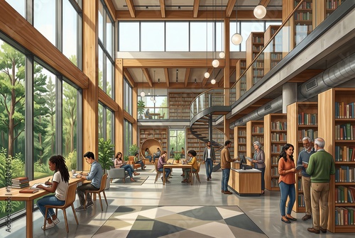 Modern Sustainable Library Interior with Large Windows
